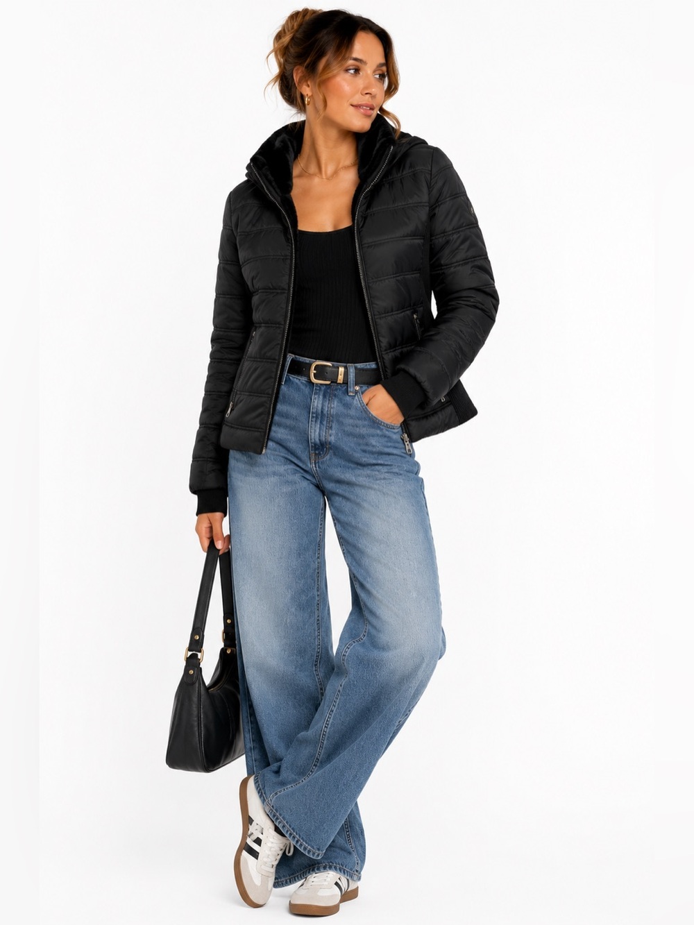 Nautica Black Quilted Puffer Jacket Faux Fur Collar Zip Front Women’s Large - Picture 1 of 5